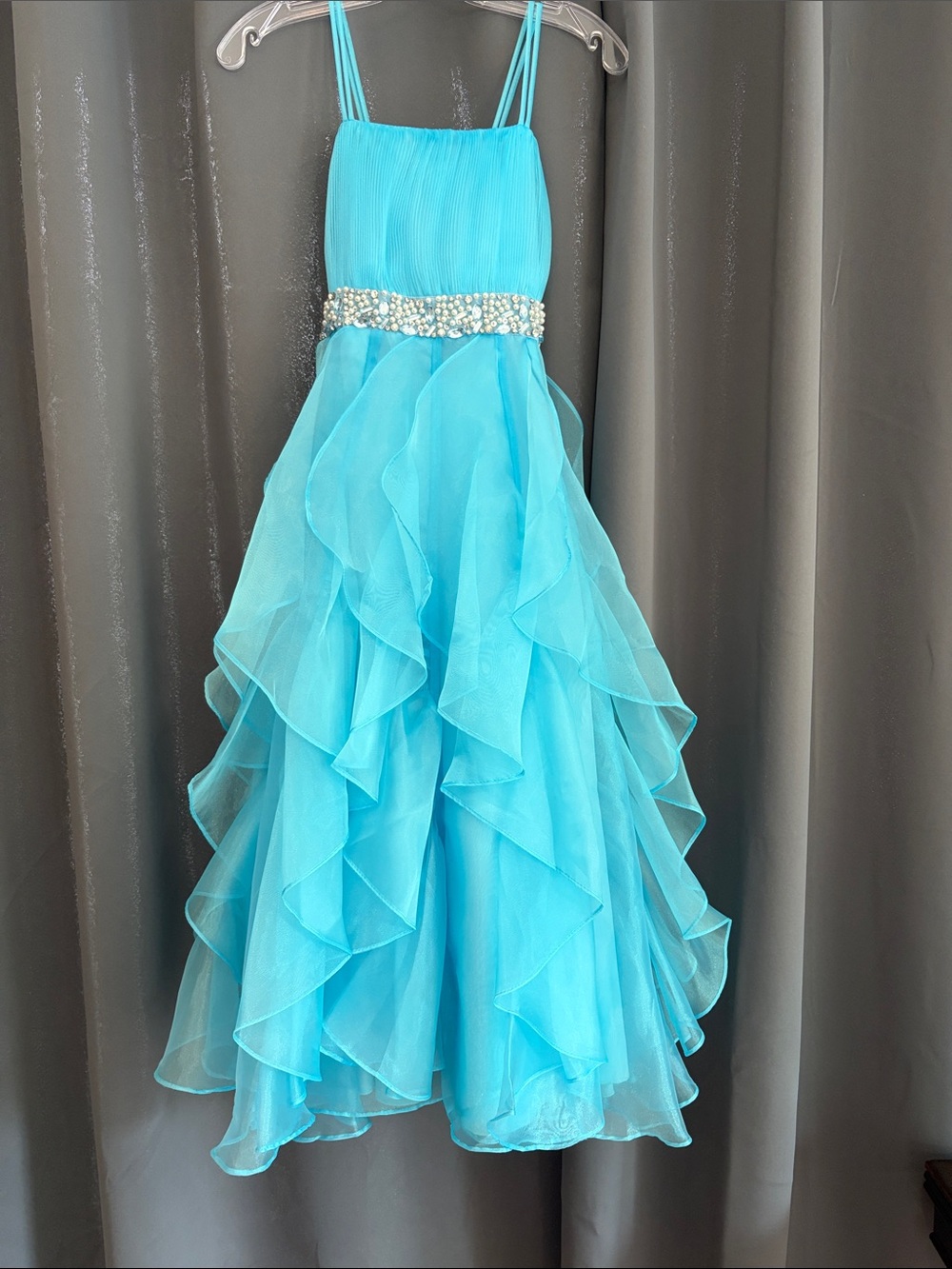 Girls Aqua Formal Dress with Jeweled Waistband with Matching Shawl